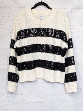 Evereve Asher Sequin Striped Cable Knit Pullover Sweater Black White Size Large